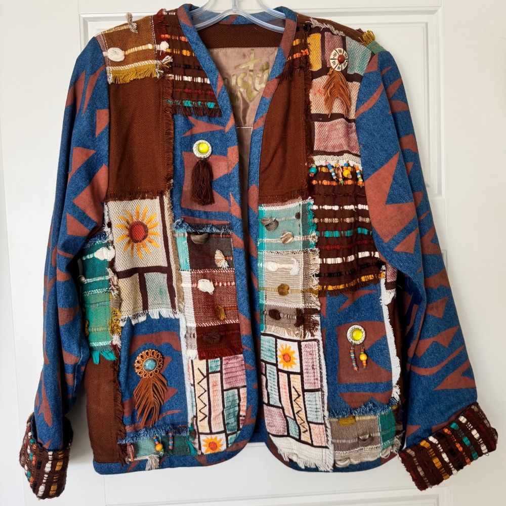 Crystal Handwoven Jacket Women XS Patchwork Cottage‎ Core Cotton Boho 3D Artsy